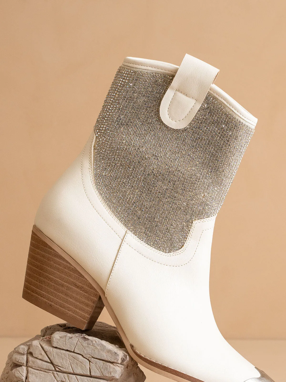 The Wren | White Western rhinestone studded bootie with metal toe