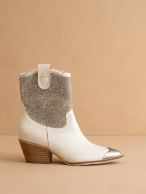 The Wren | White Western rhinestone studded bootie with metal toe