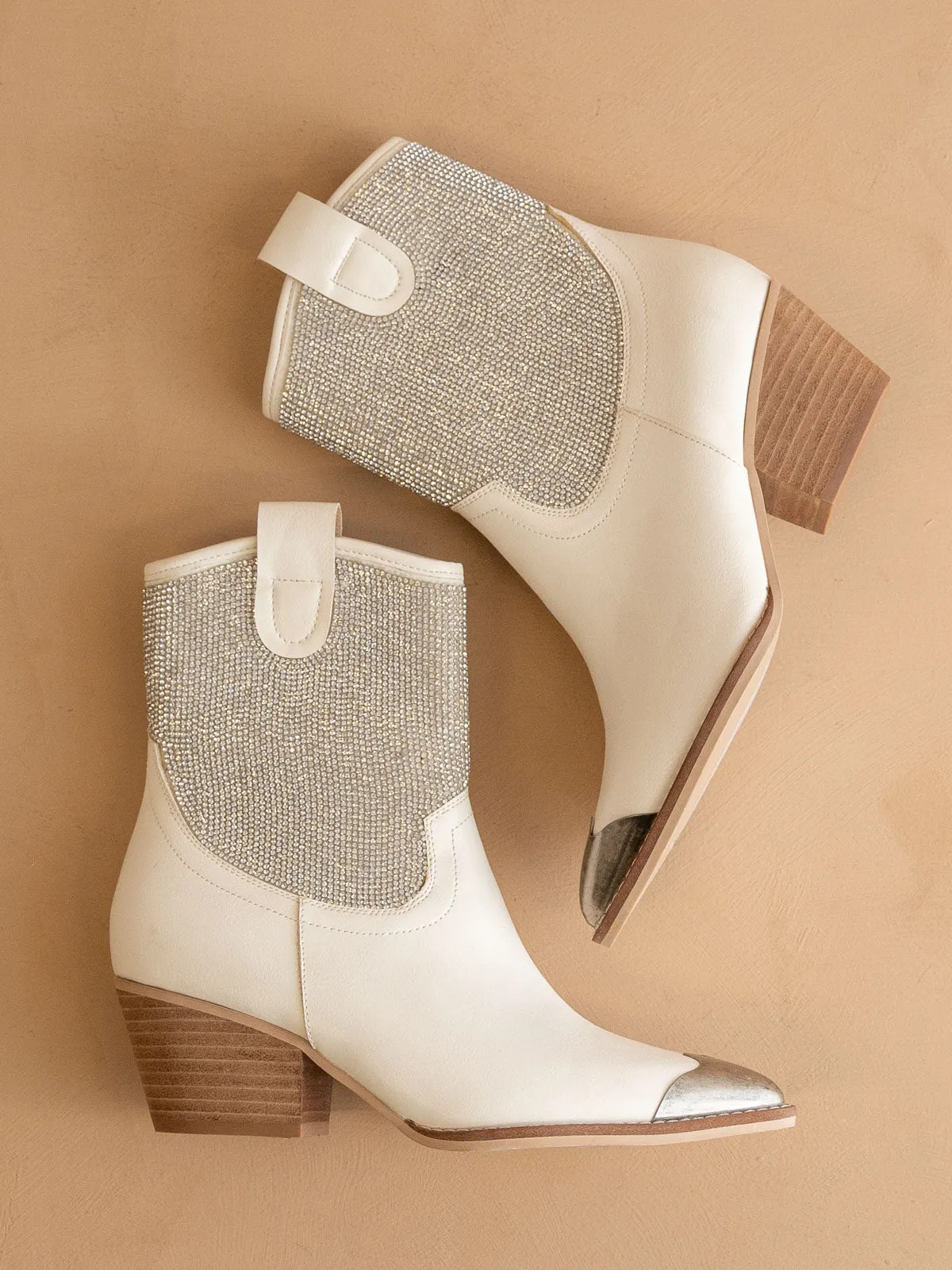 The Wren | White Western rhinestone studded bootie with metal toe