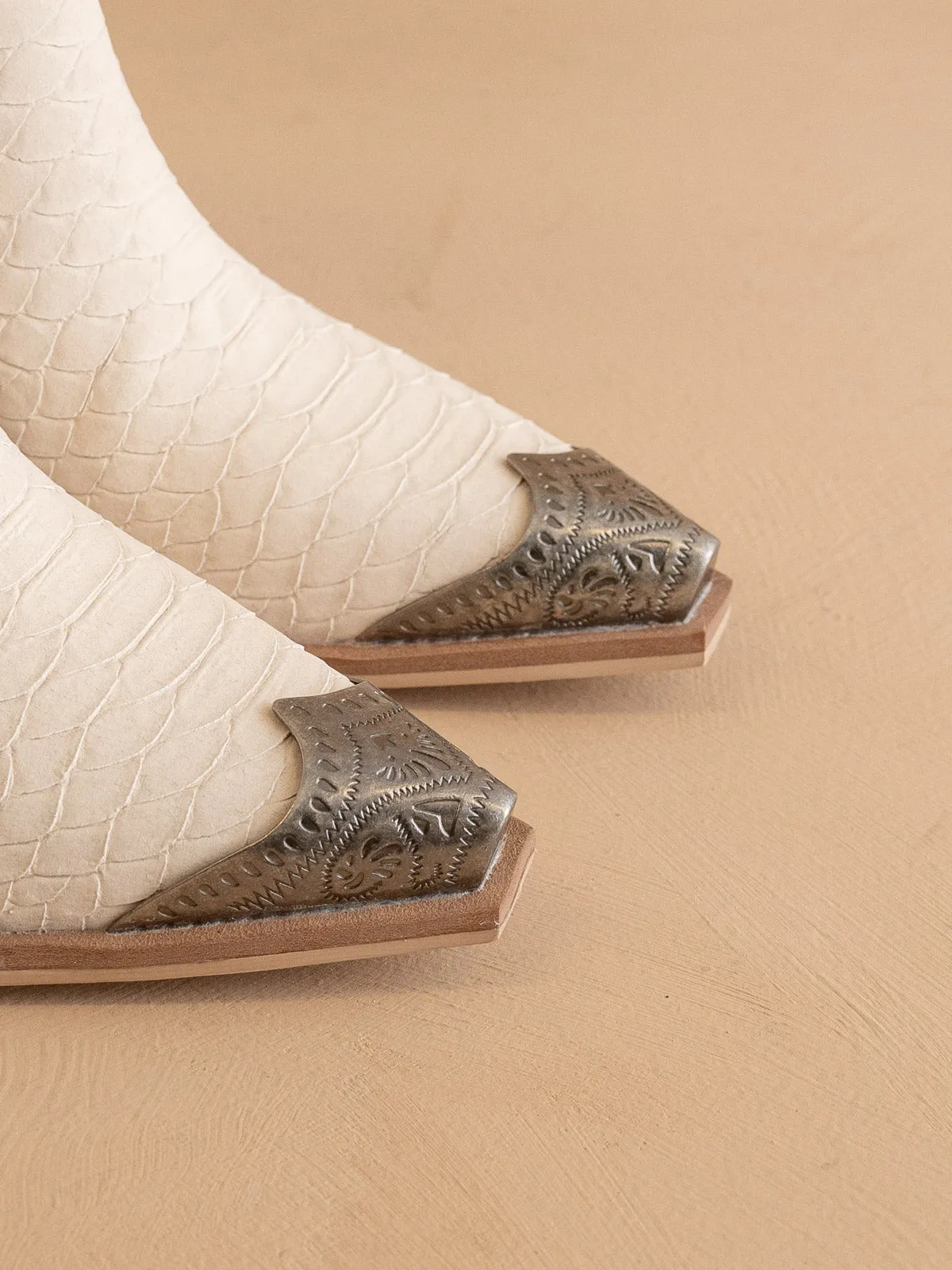 The Zion | Beige Elegant bootie with etched metal toe