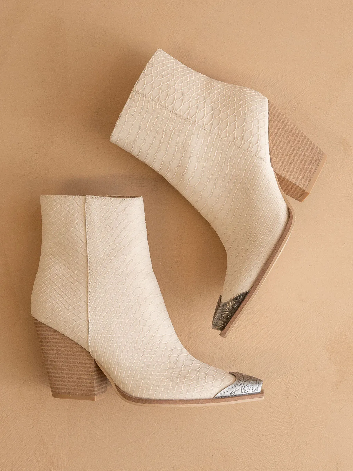 The Zion | Beige Elegant bootie with etched metal toe