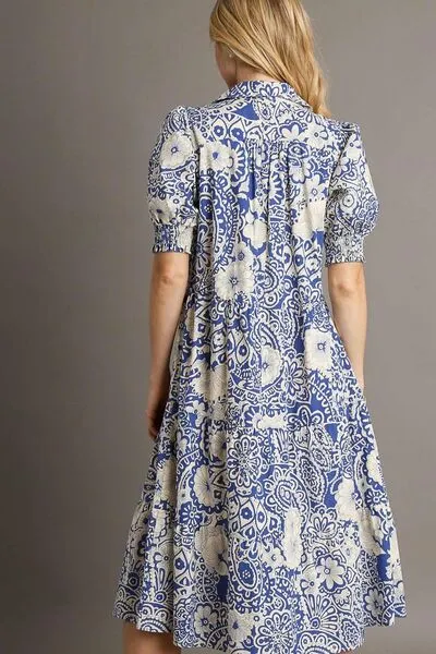 Umgee Full Size Printed Smocked Cuff Puff Sleeve Midi Dress Plus Size