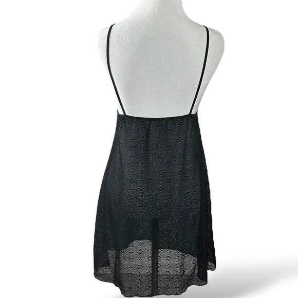 Vintage 90s Black Lace Eberjey Chemise Slip Dress Medium Large USA Dainty Sheer