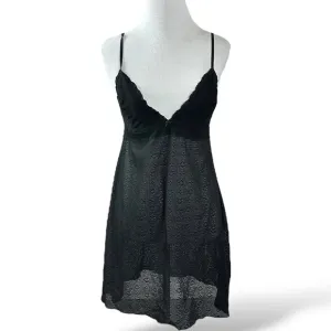 Vintage 90s Black Lace Eberjey Chemise Slip Dress Medium Large USA Dainty Sheer