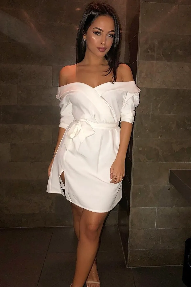 White Belted Bardot Skater Dress - Jencie