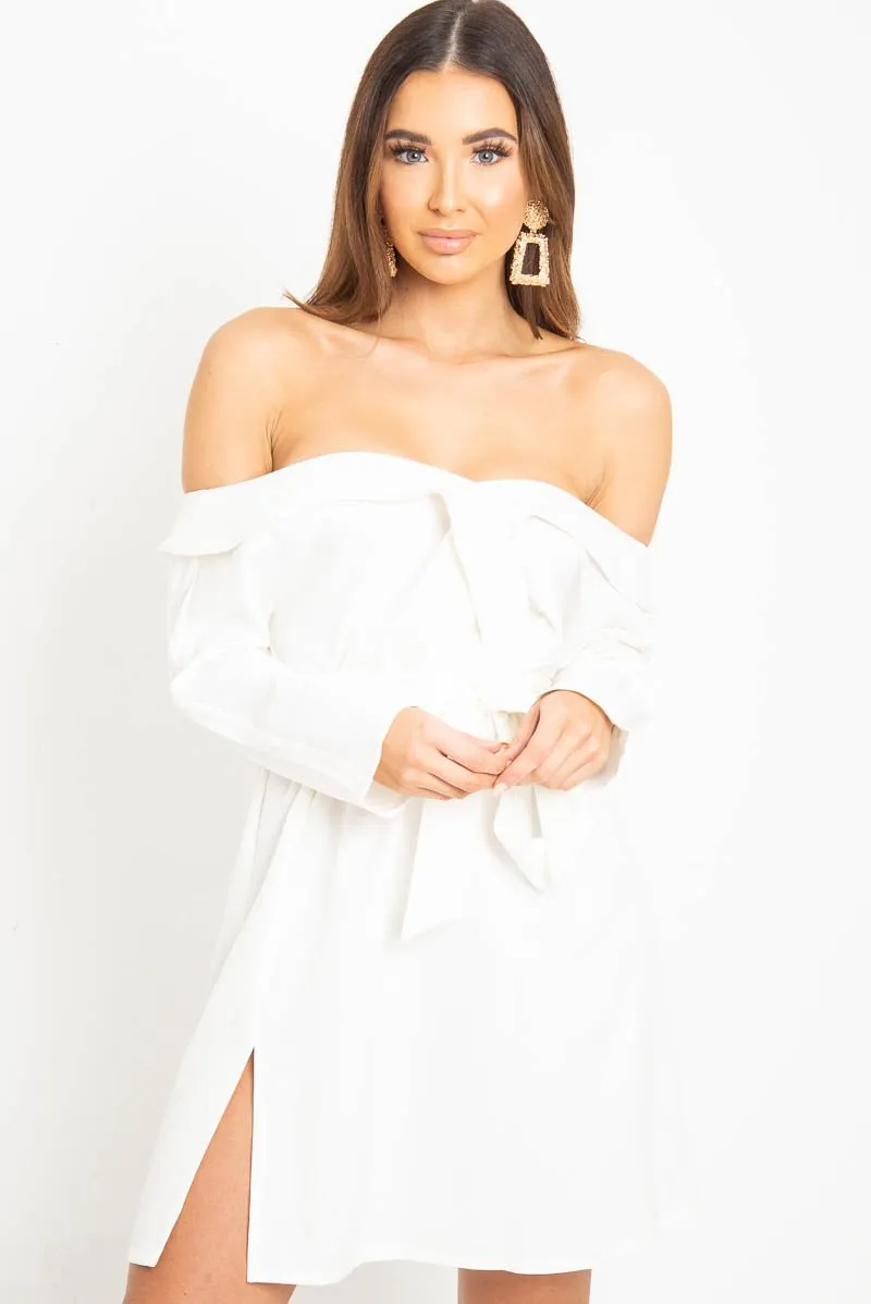 White Belted Bardot Skater Dress - Jencie