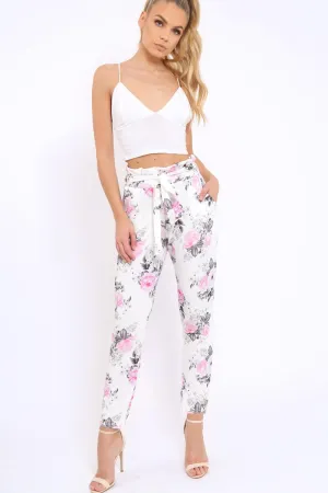White Floral Paper Bag Tie Waist Cigarette Trousers - Jana