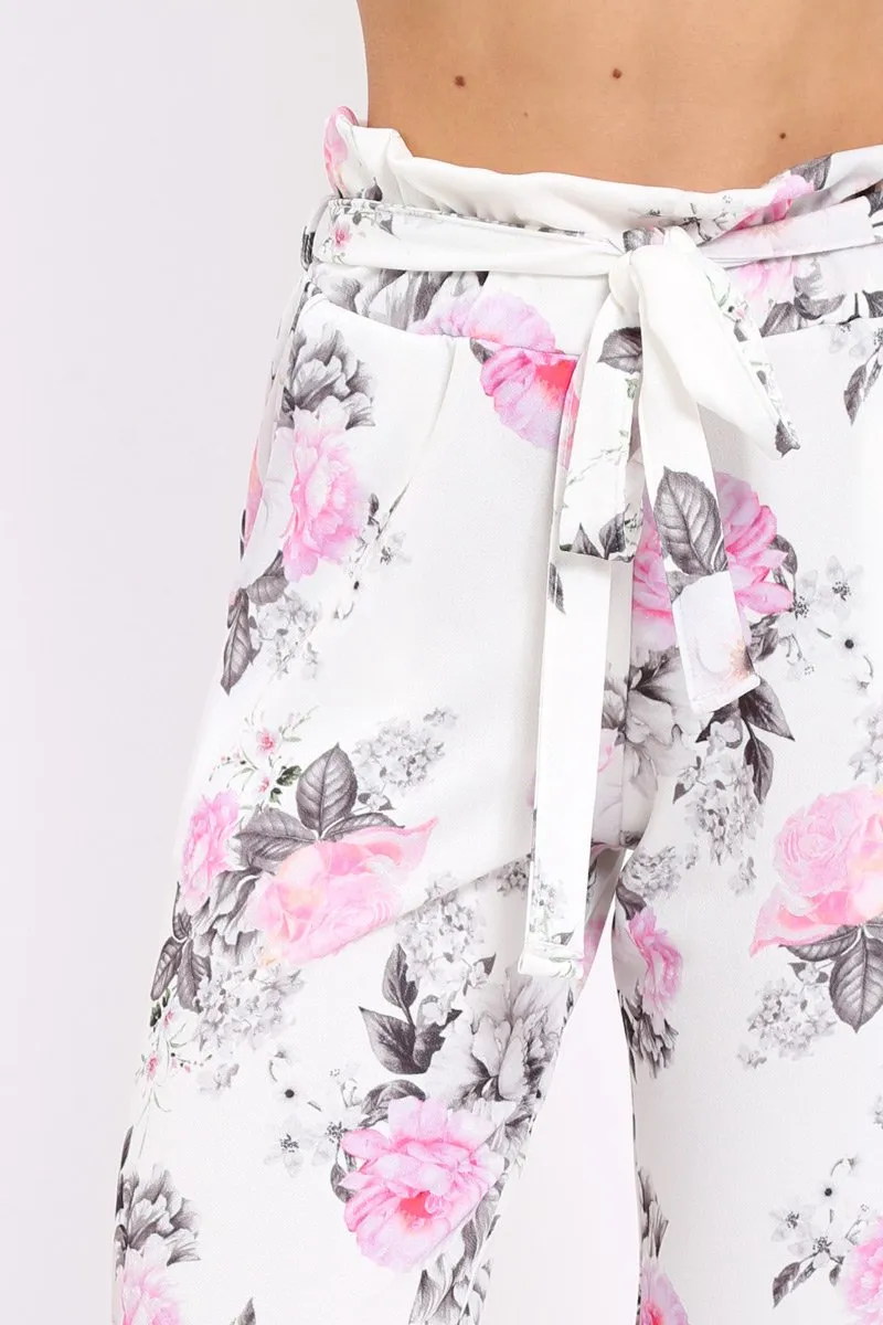 White Floral Paper Bag Tie Waist Cigarette Trousers - Jana