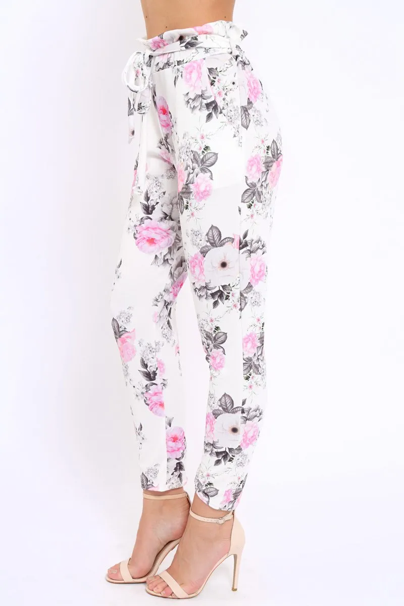 White Floral Paper Bag Tie Waist Cigarette Trousers - Jana