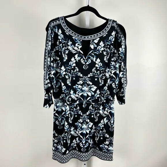 White House Black Market Blue &amp; Black Print Cold Shoulder Dress - Size M