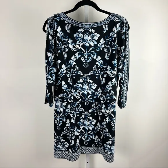 White House Black Market Blue &amp; Black Print Cold Shoulder Dress - Size M