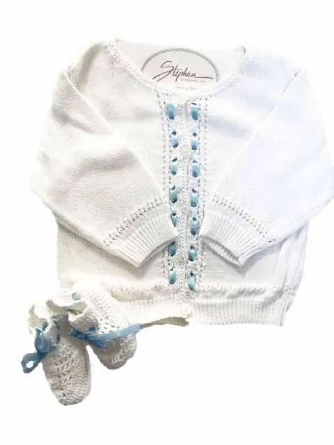 White Knit Cardigan and Matching Booties Set 3-6 months