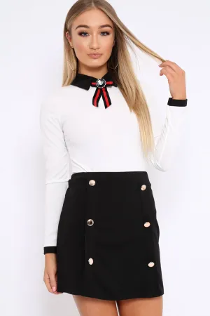 White Long Sleeved Striped Bow Bodysuit - Lashay