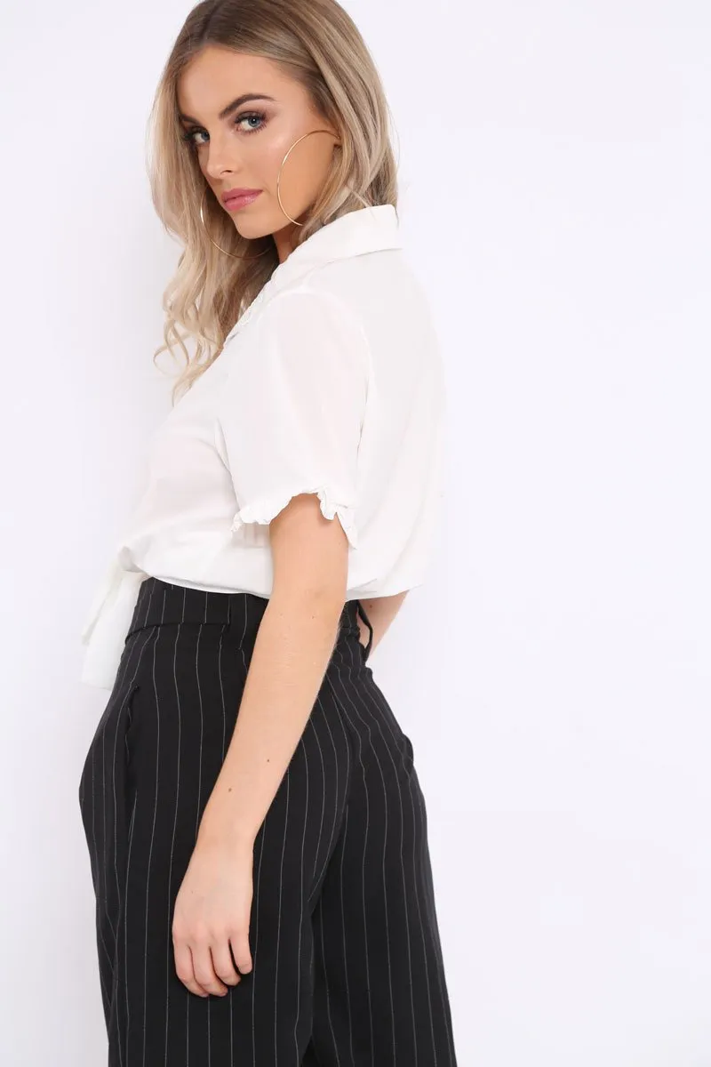 White Ruffle Sleeve Tie Front Shirt - Mariana