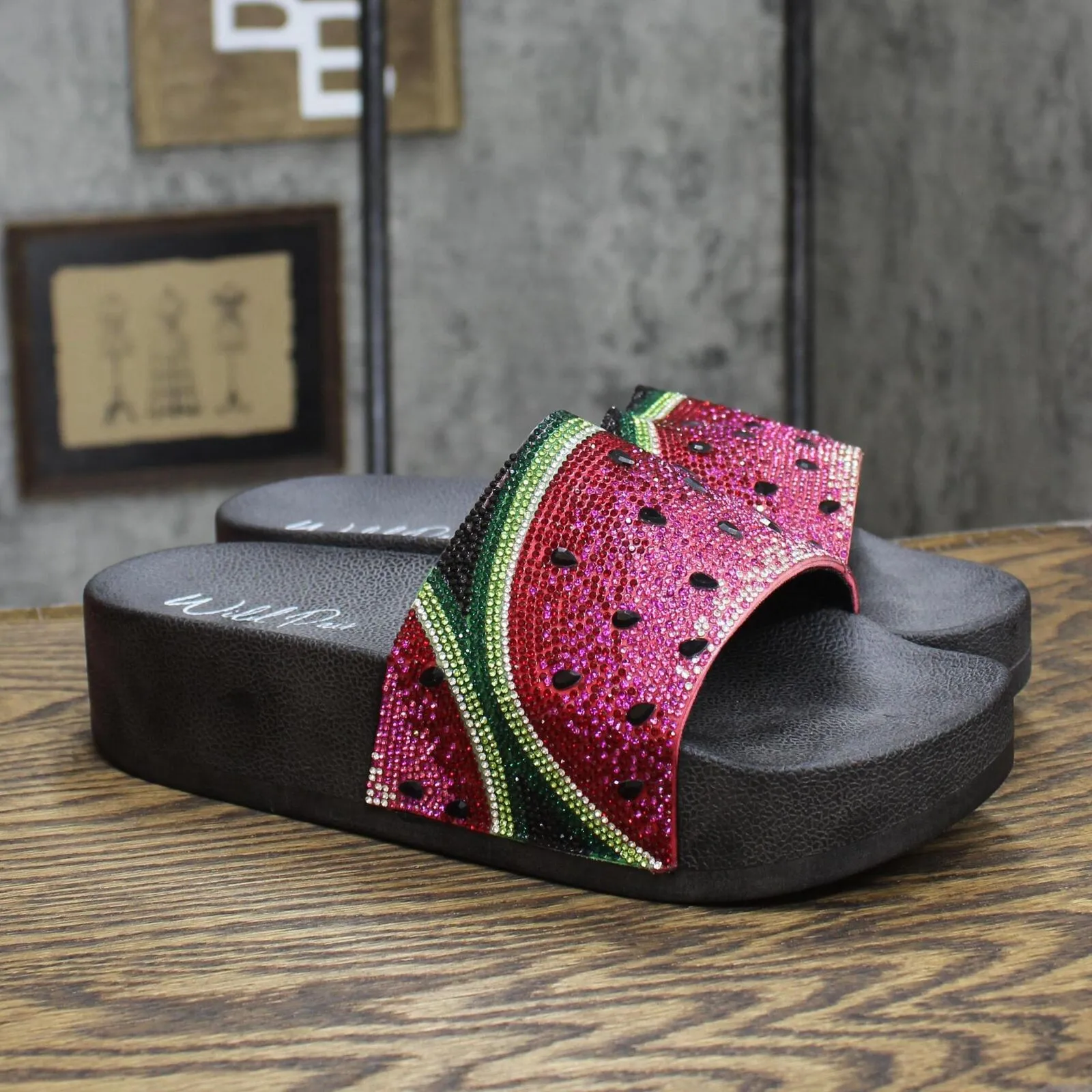 Wild Pair Women Caroletta 2 Rhinestone Slide Sandals Watermelon Bling Black 9.5M