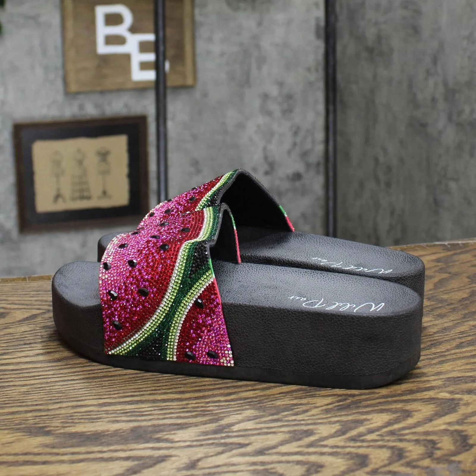 Wild Pair Women Caroletta 2 Rhinestone Slide Sandals Watermelon Bling Black 9.5M