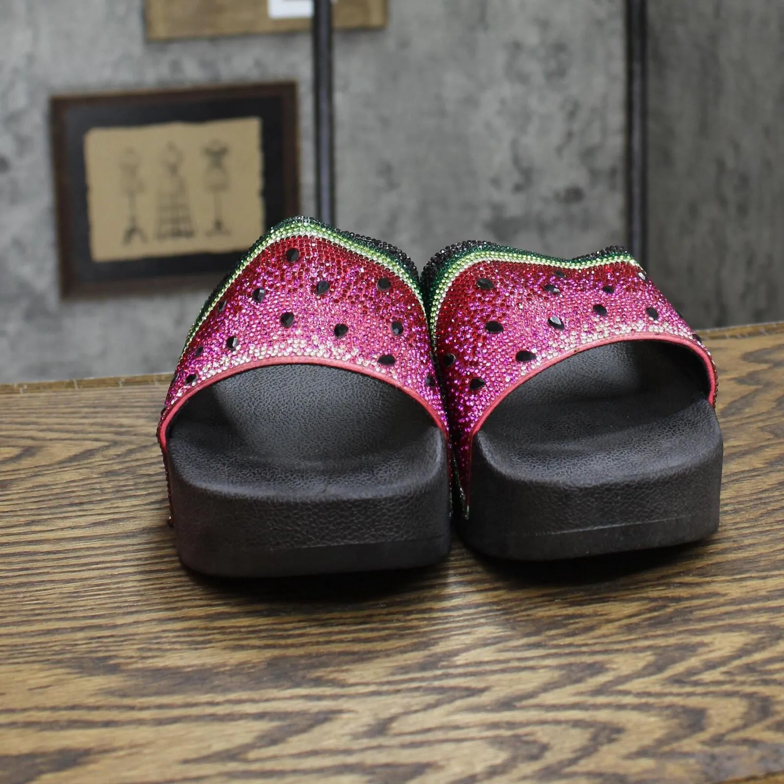 Wild Pair Women Caroletta 2 Rhinestone Slide Sandals Watermelon Bling Black 9.5M