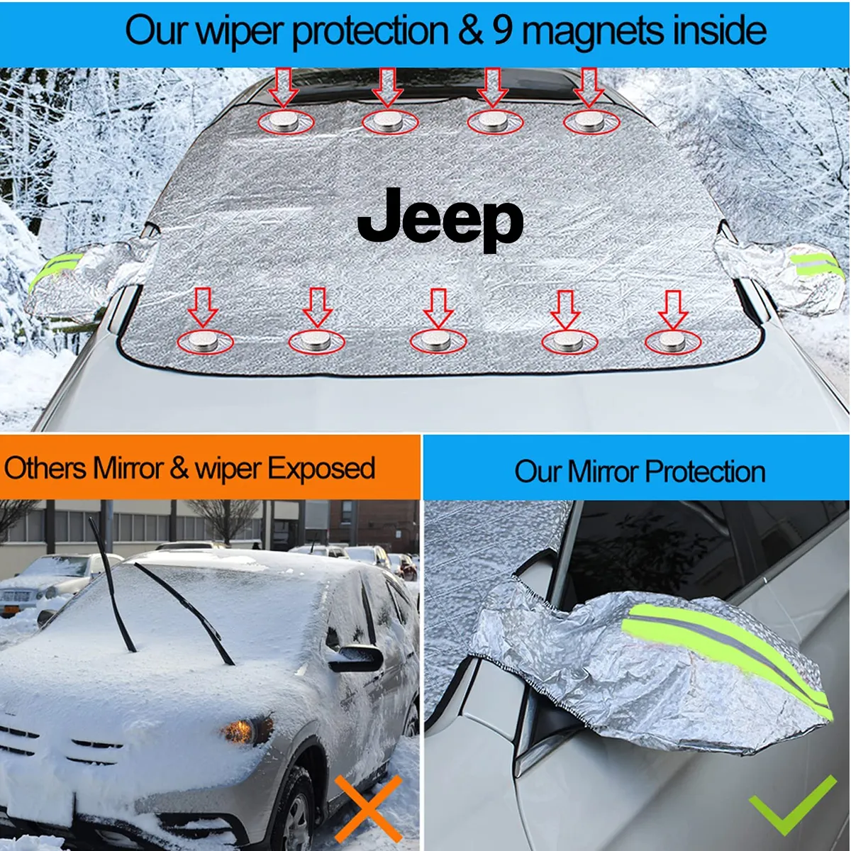Windshield Cover for Ice and Snow, Custom fit for car, Magnetic Windshield Cover, Water, Heat & Sag-Proof Car Windshield Snow Cover, Mirror Protector Windproof Sunshade Cover