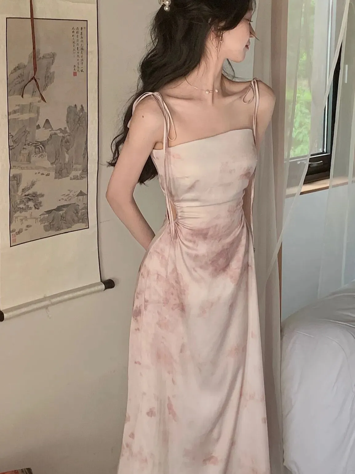Women's Summer Spring Midi Dress Spaghetti Strap Elegant Satin Dresses Wedding Evening Prom Dress