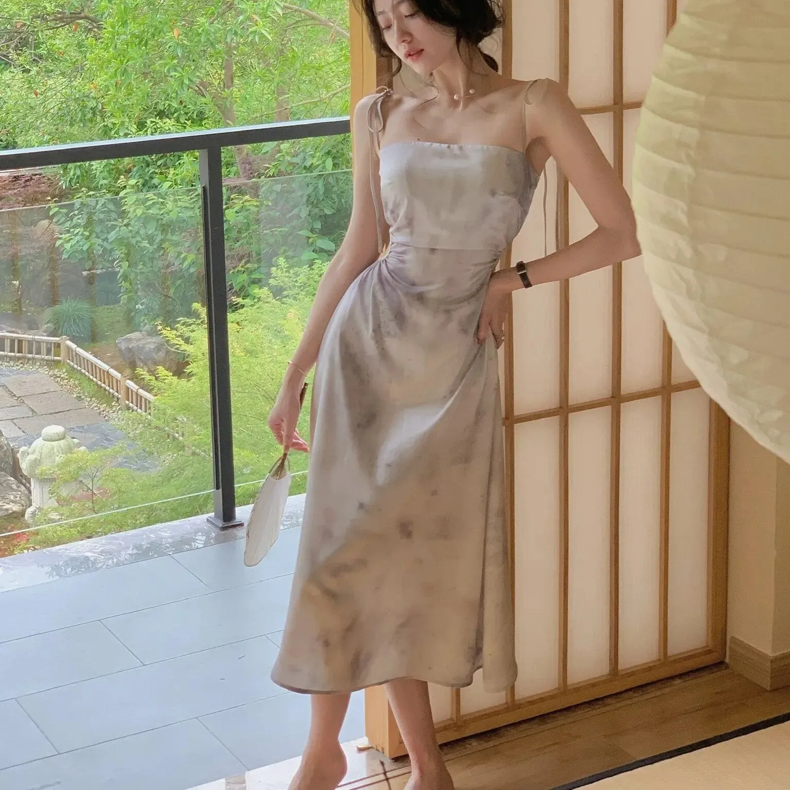 Women's Summer Spring Midi Dress Spaghetti Strap Elegant Satin Dresses Wedding Evening Prom Dress