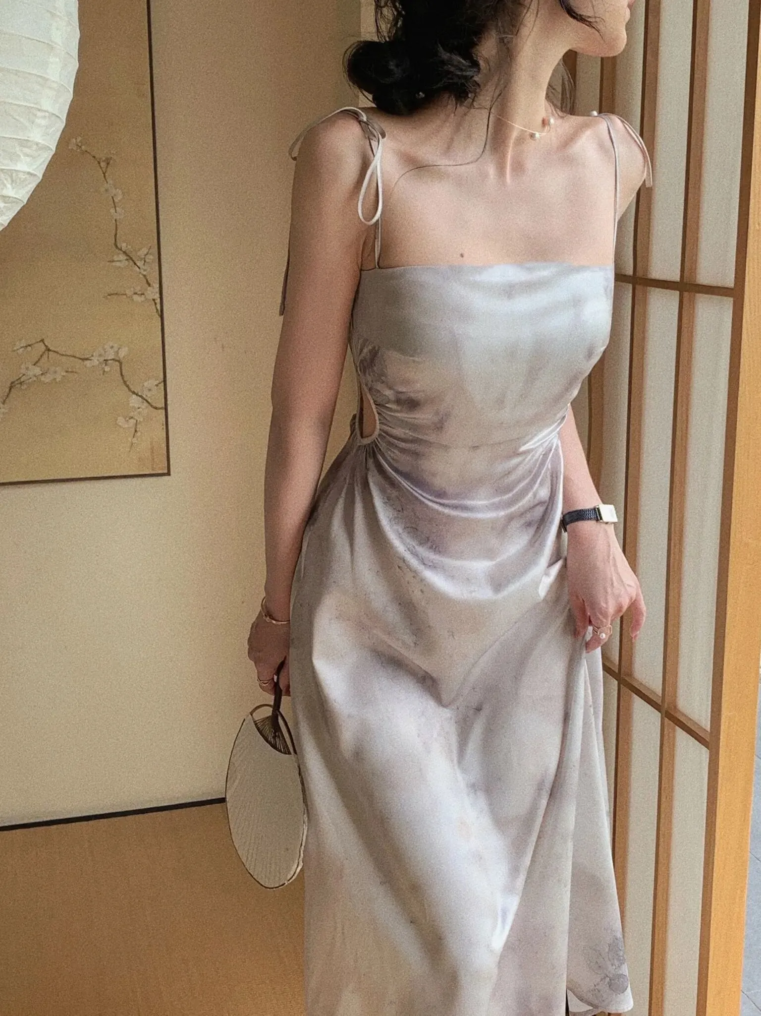 Women's Summer Spring Midi Dress Spaghetti Strap Elegant Satin Dresses Wedding Evening Prom Dress