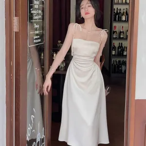 Women's Summer Spring Midi Dress Spaghetti Strap Elegant Satin Dresses Wedding Evening Prom Dress