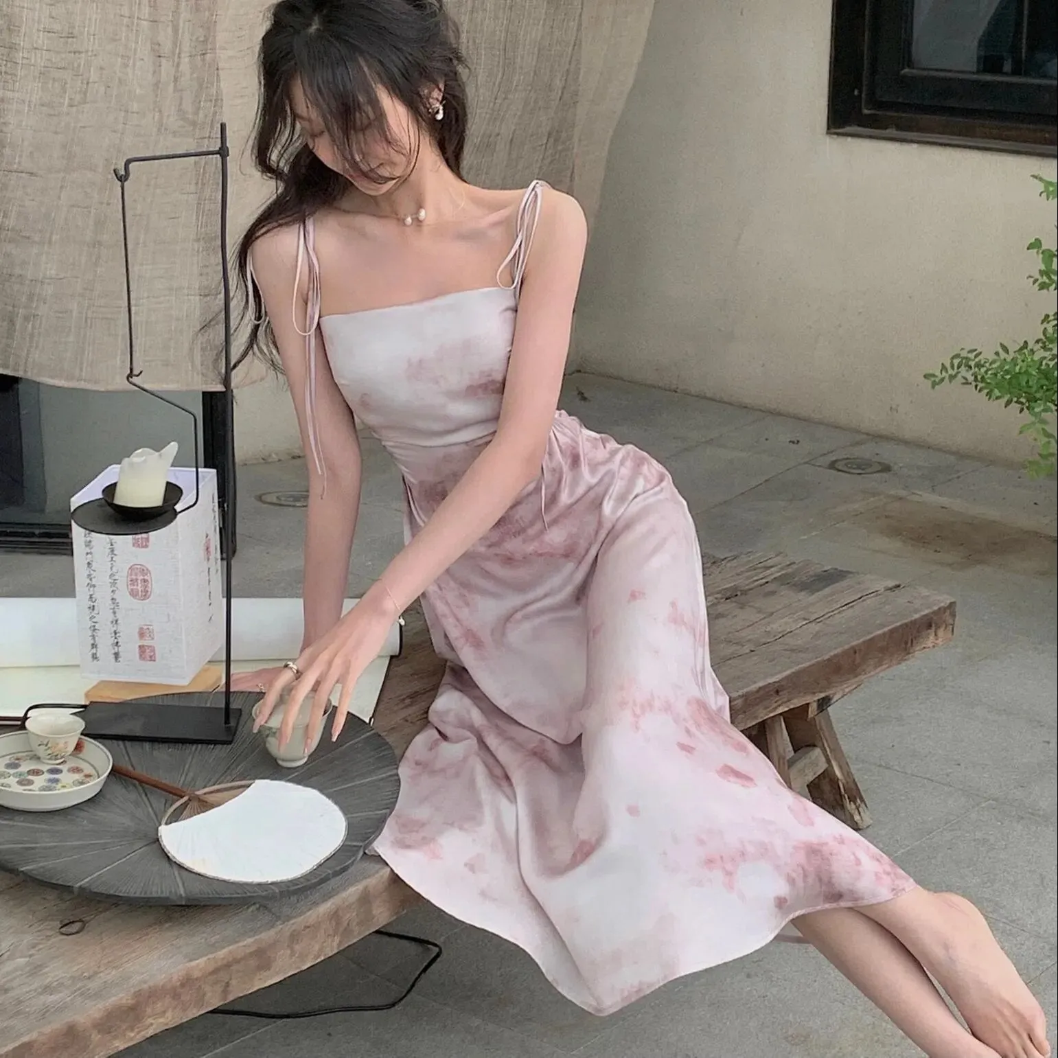 Women's Summer Spring Midi Dress Spaghetti Strap Elegant Satin Dresses Wedding Evening Prom Dress