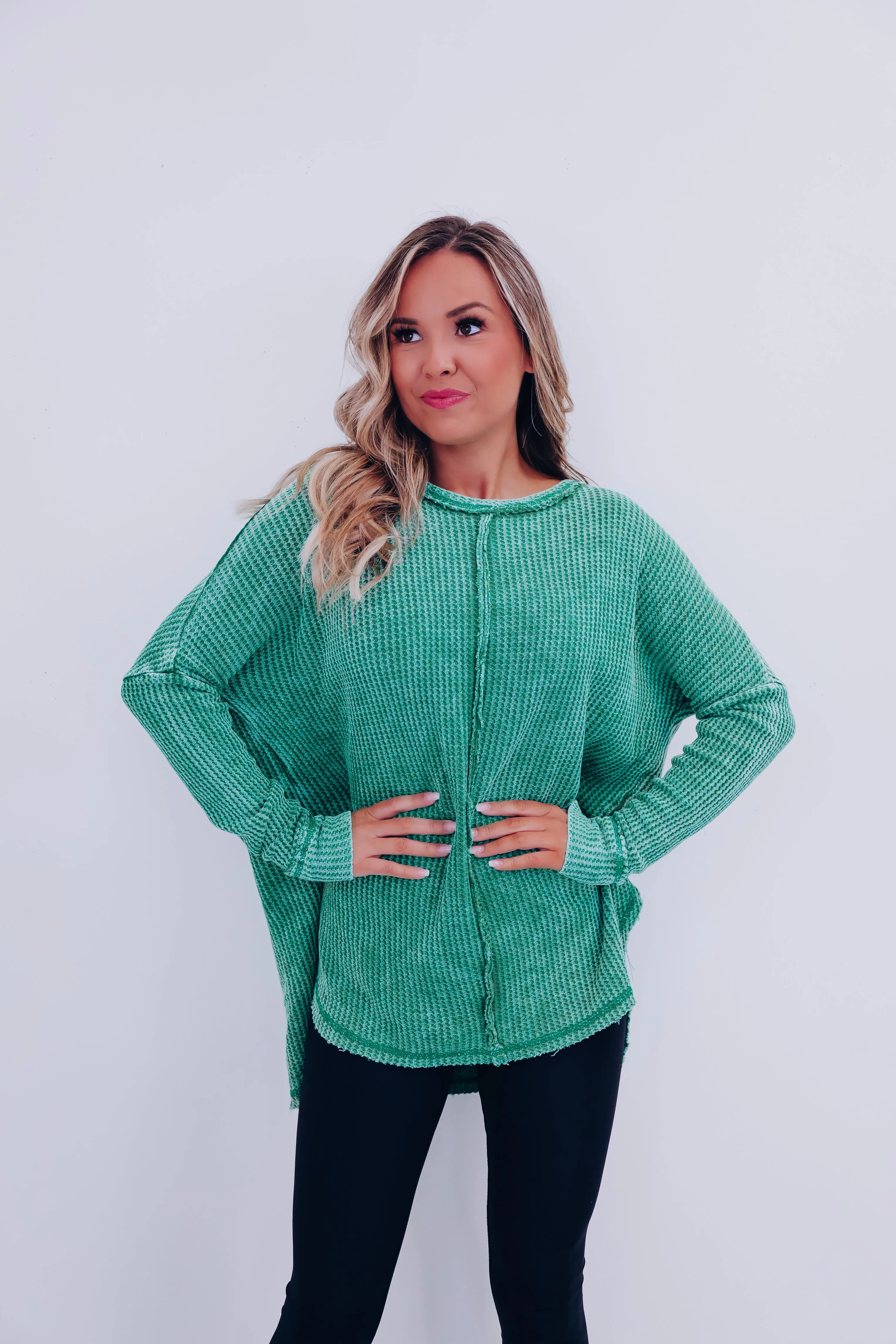 Wrenley Waffle Knit Top - Kelly Green
