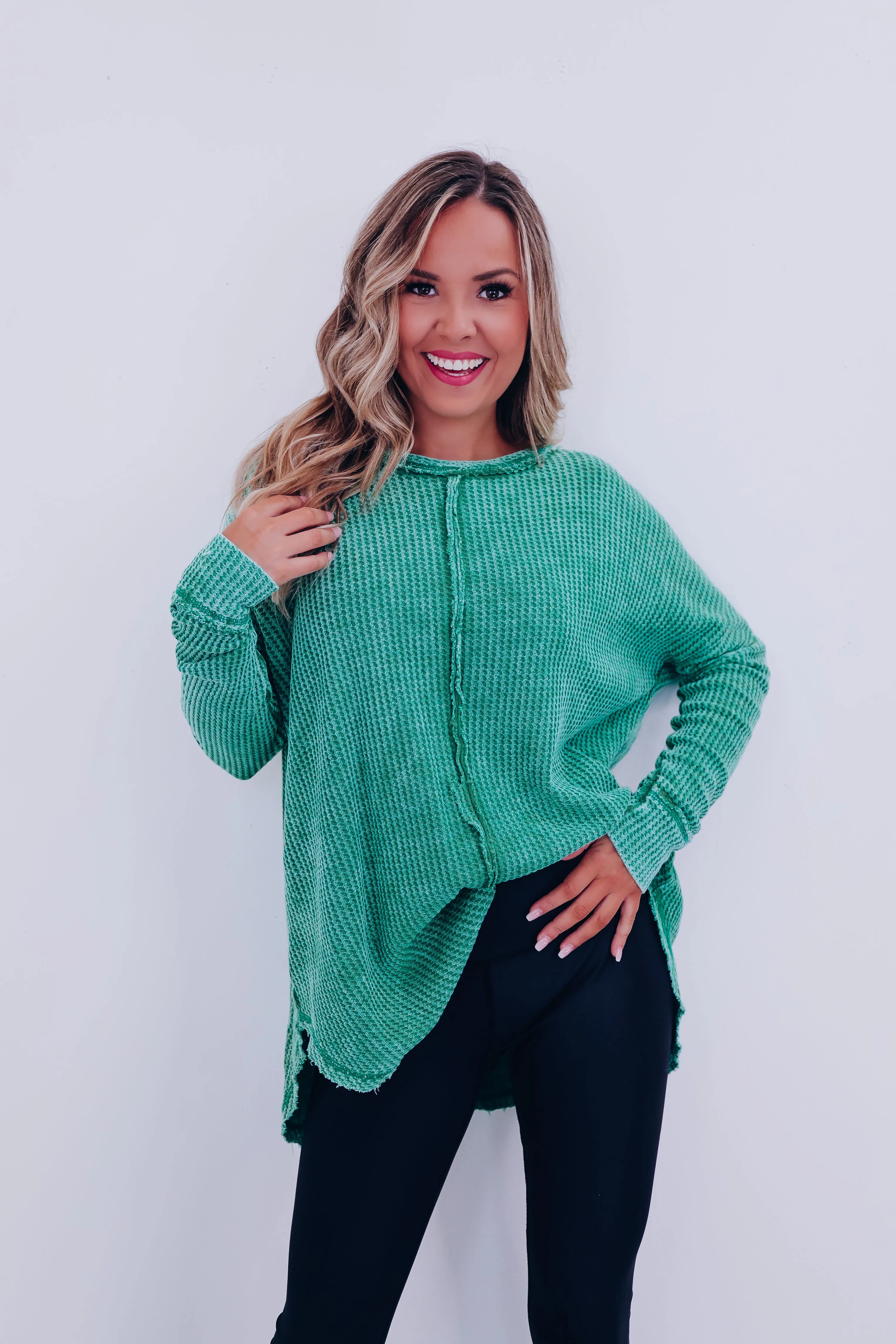 Wrenley Waffle Knit Top - Kelly Green