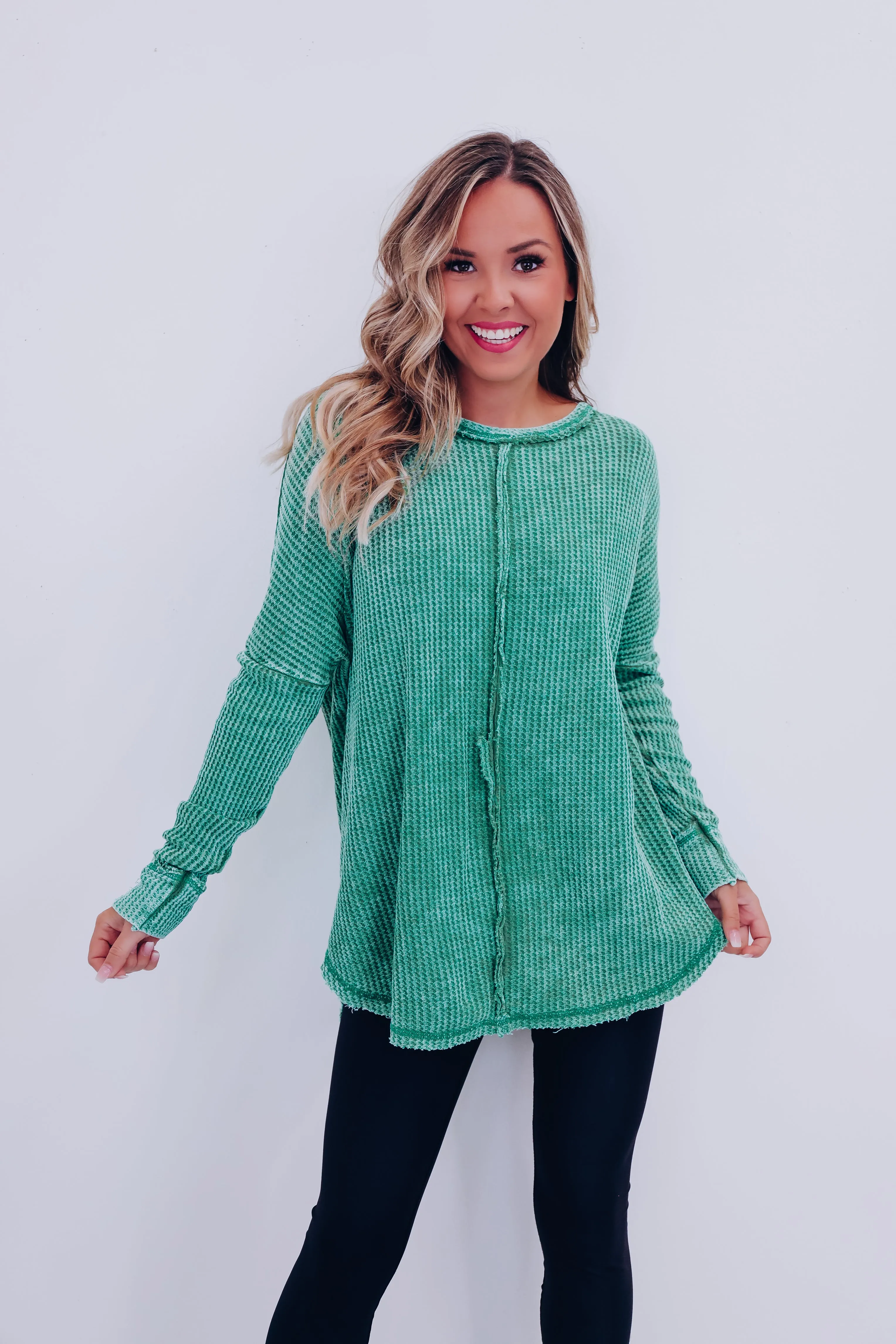 Wrenley Waffle Knit Top - Kelly Green