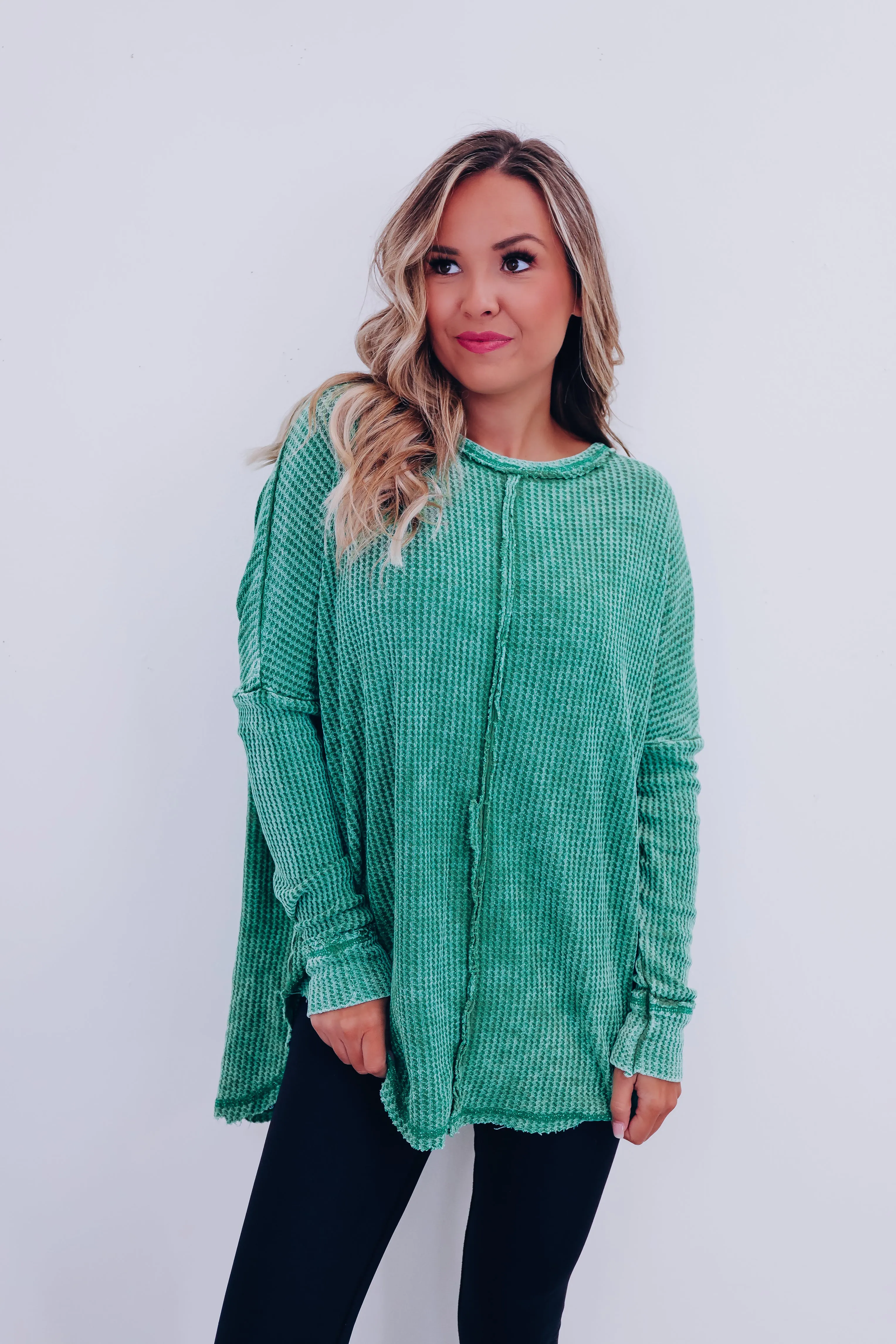 Wrenley Waffle Knit Top - Kelly Green