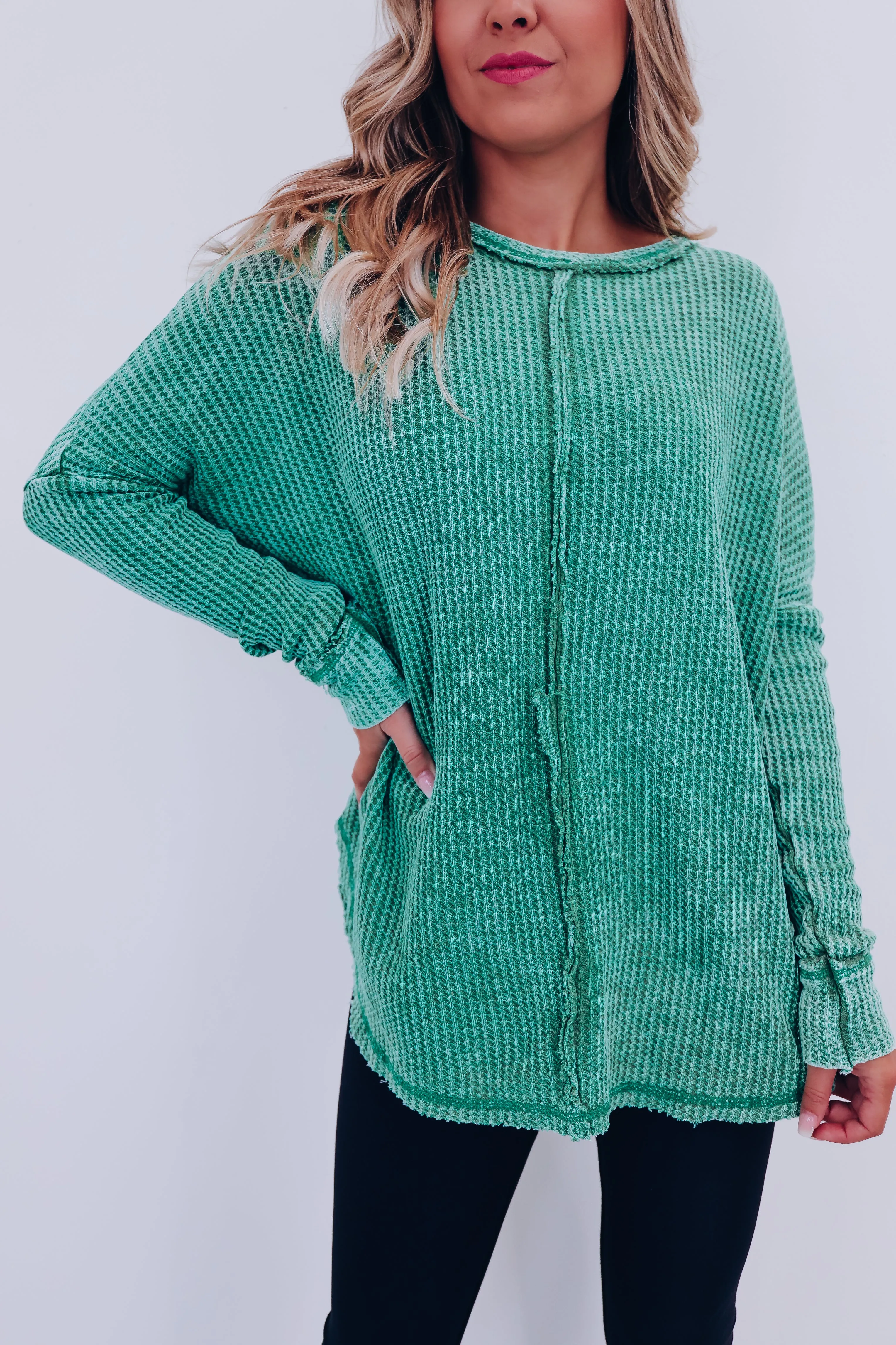 Wrenley Waffle Knit Top - Kelly Green