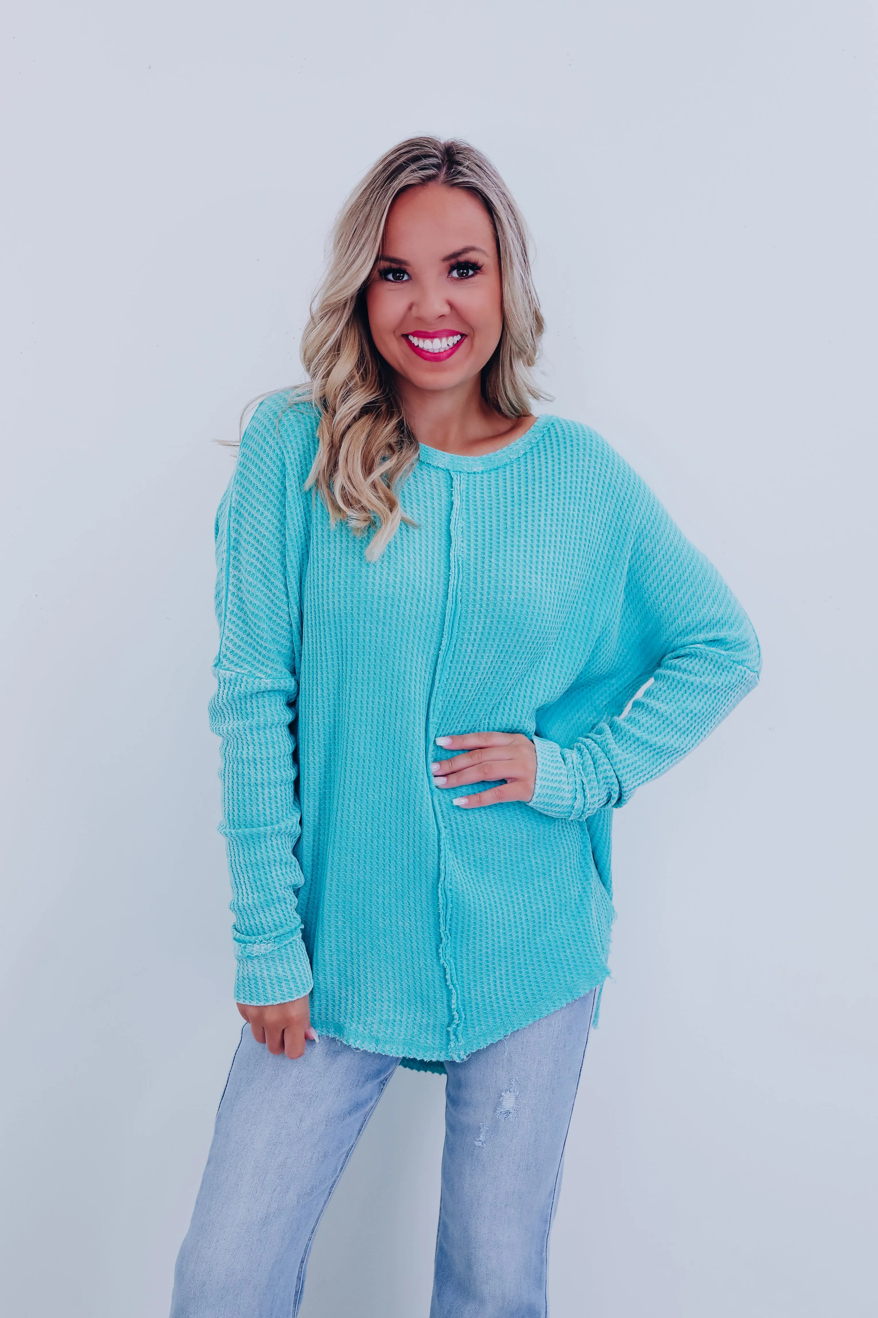 Wrenley Waffle Knit Top - Turquoise