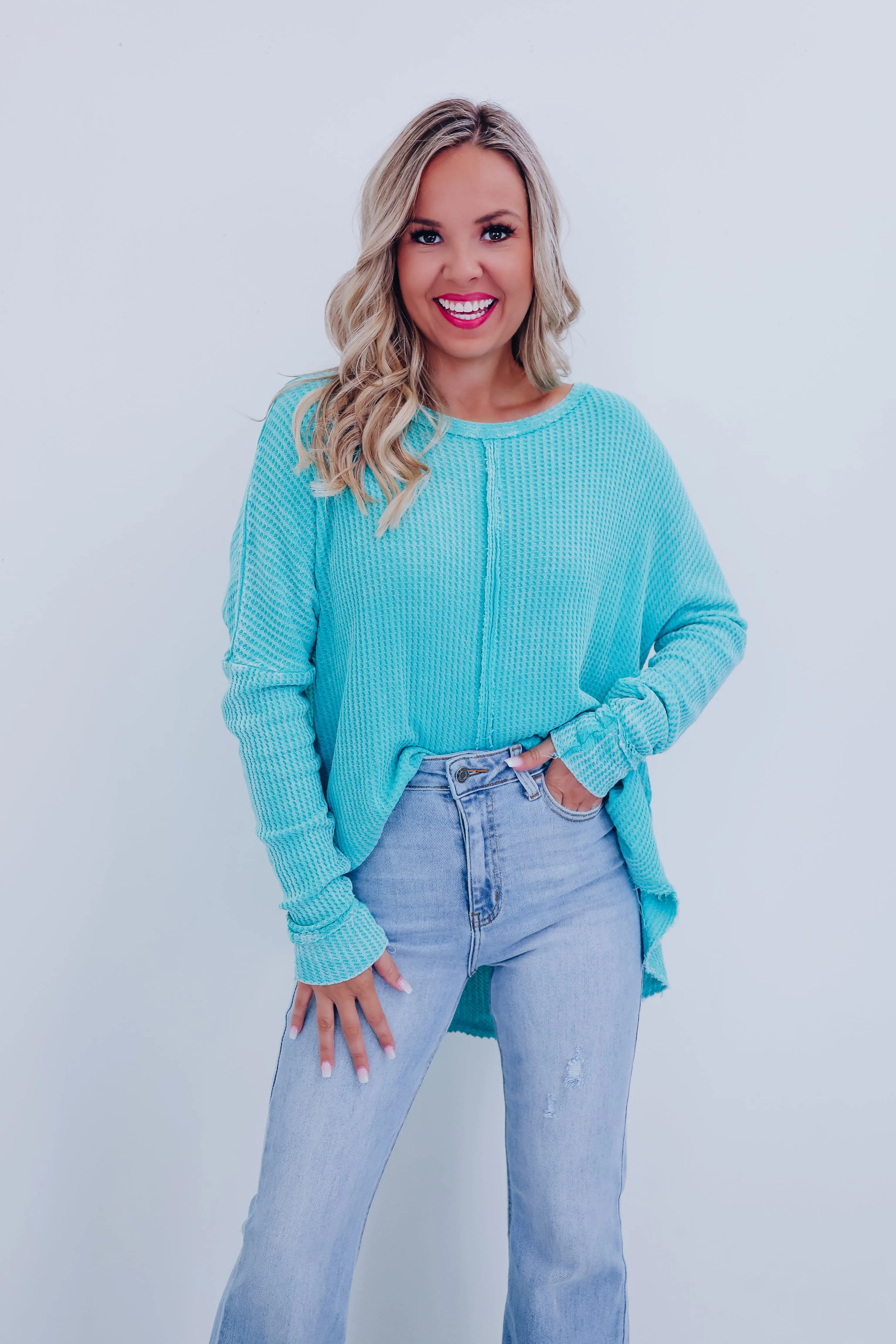 Wrenley Waffle Knit Top - Turquoise