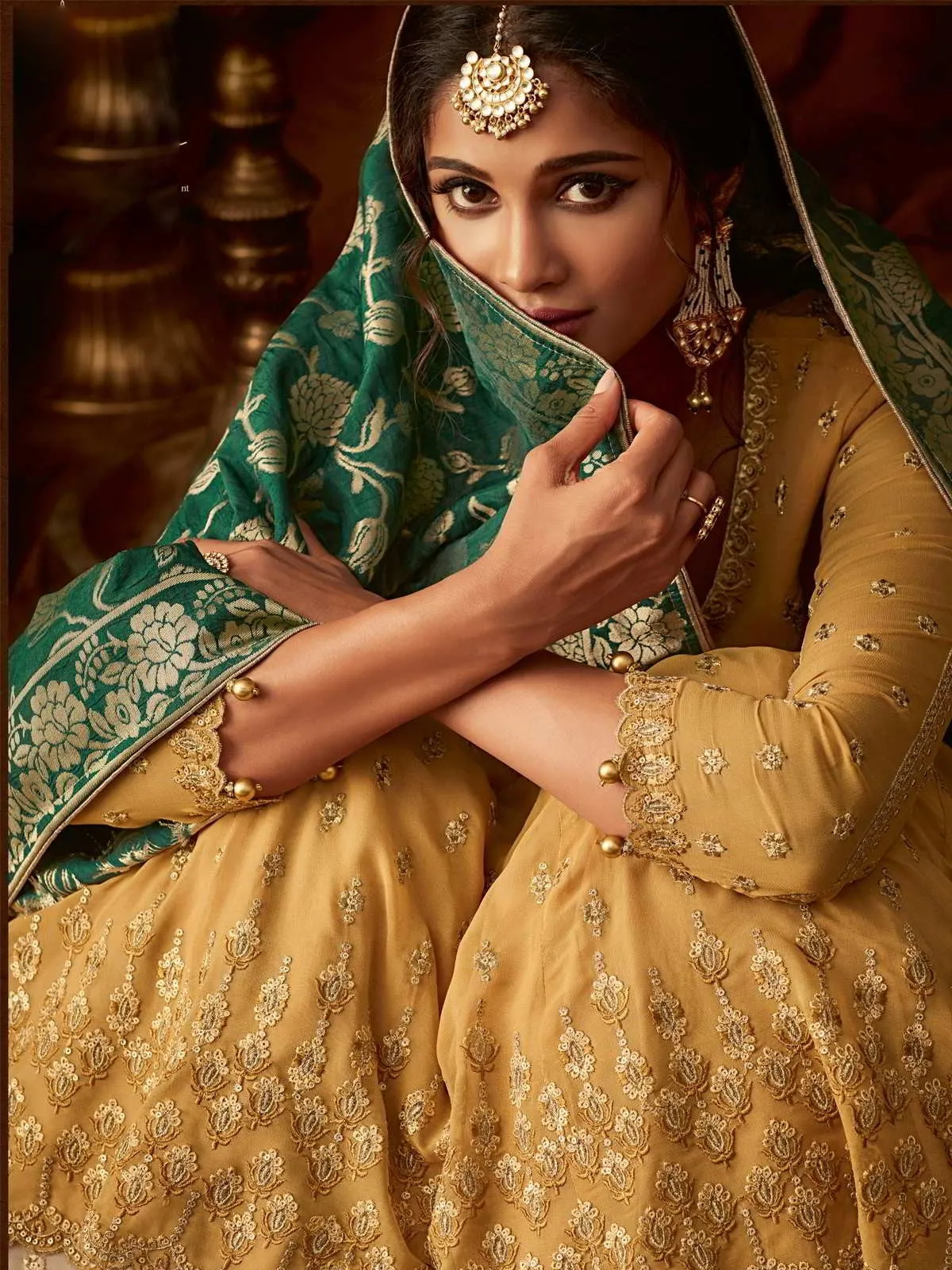 Yellow And Green Embroidered Wedding Anarkali Lehenga Suit