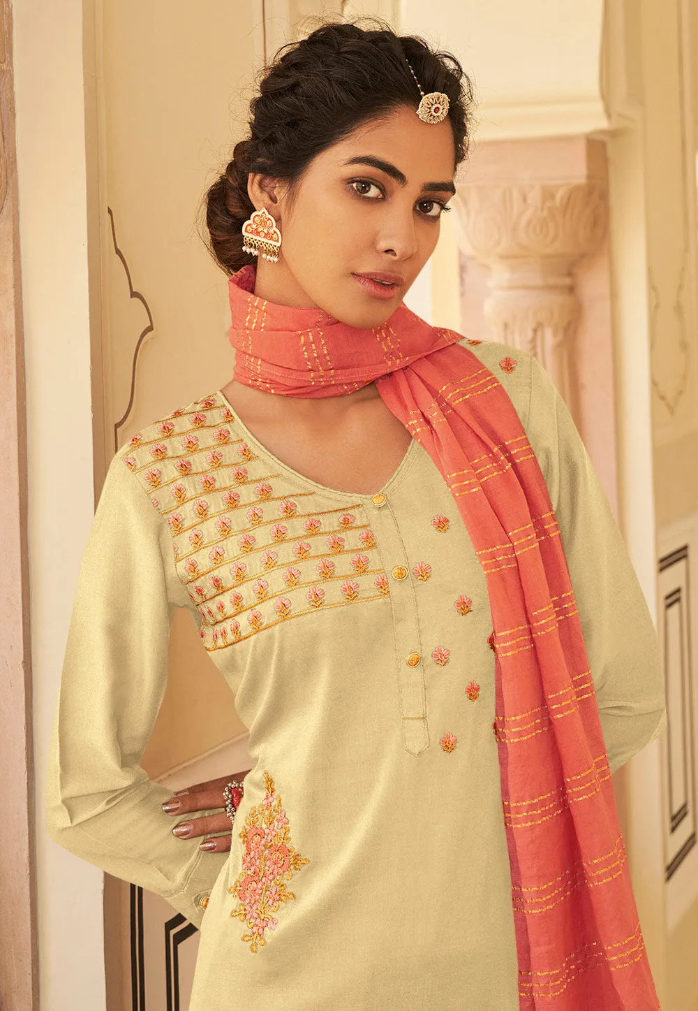 Yellow And Orange Embroidered Pakistani Pant Suit