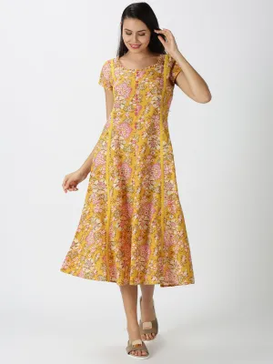 Yellow Floral Printed Midi Dress with Waist Tie-up