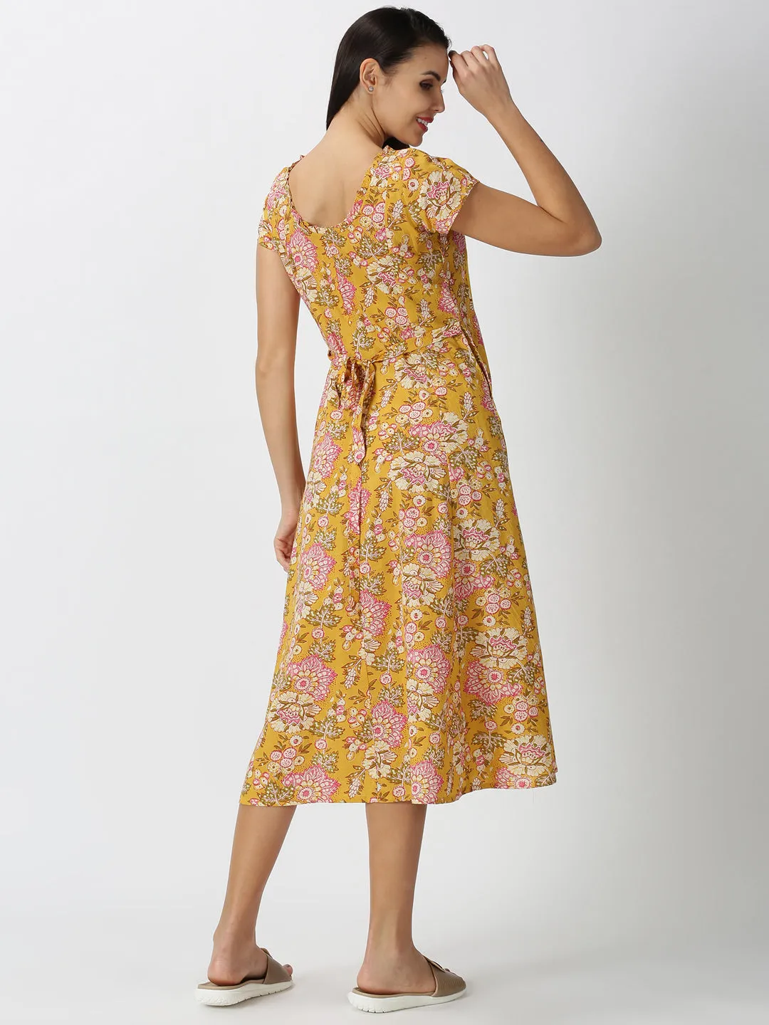 Yellow Floral Printed Midi Dress with Waist Tie-up