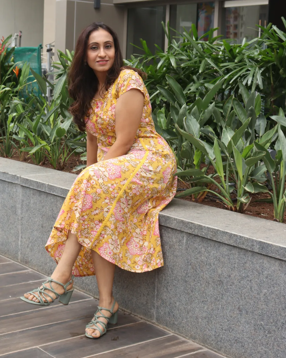 Yellow Floral Printed Midi Dress with Waist Tie-up