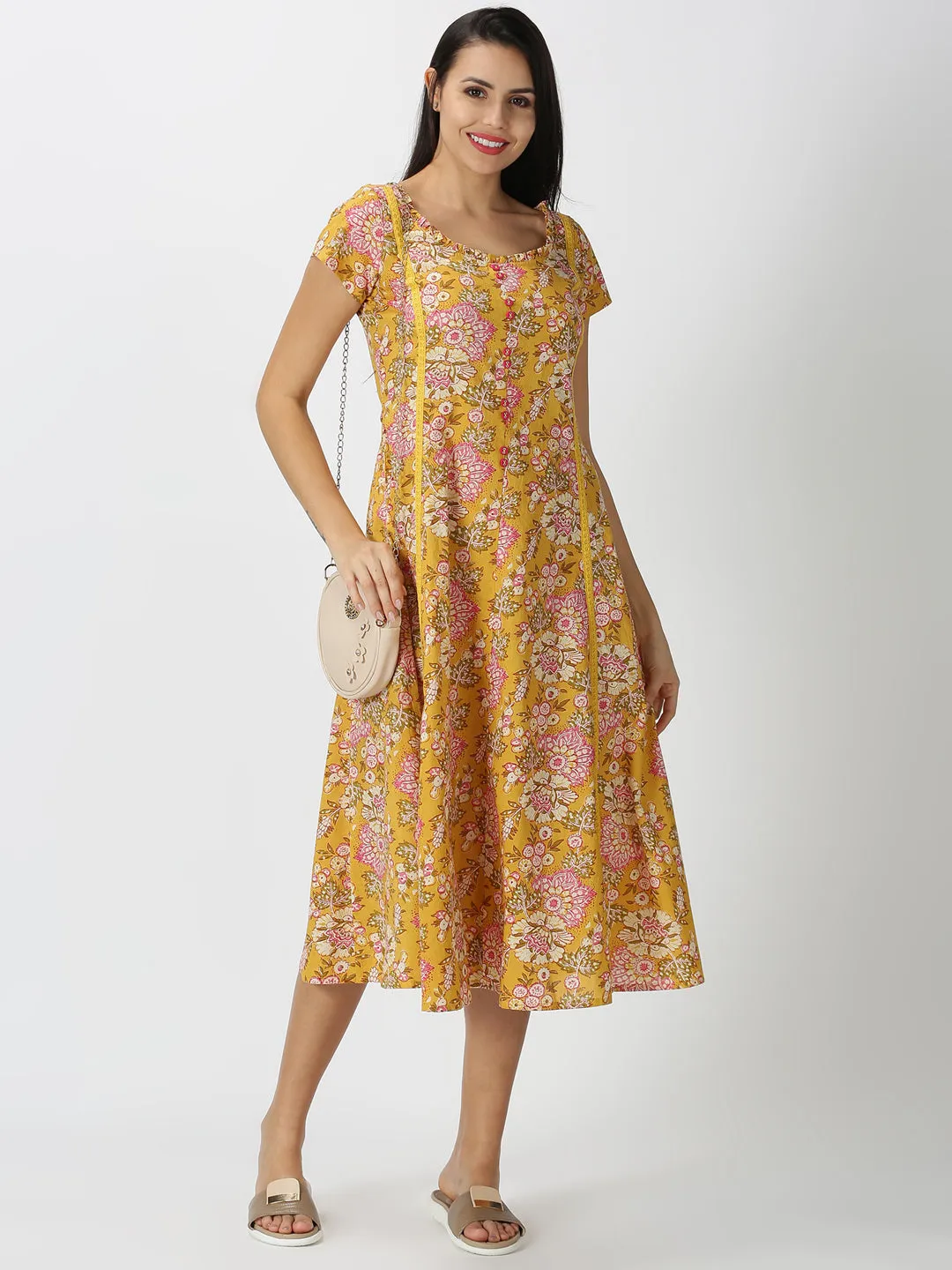 Yellow Floral Printed Midi Dress with Waist Tie-up