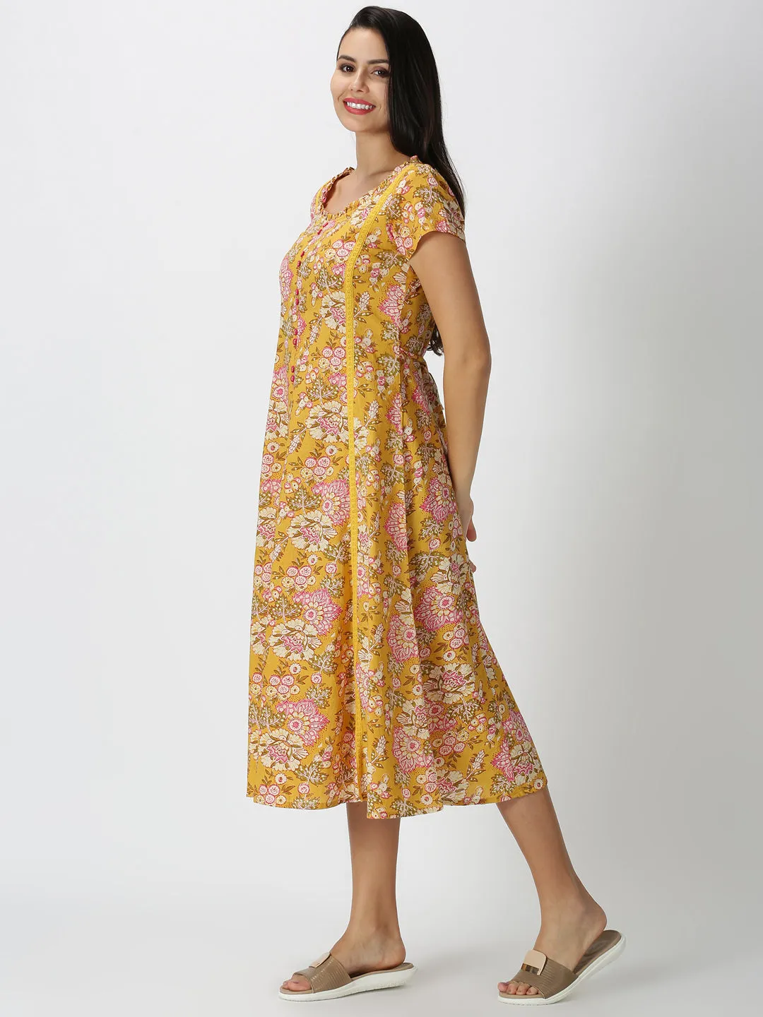 Yellow Floral Printed Midi Dress with Waist Tie-up