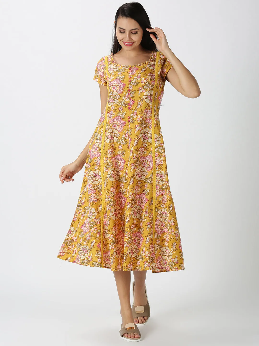Yellow Floral Printed Midi Dress with Waist Tie-up