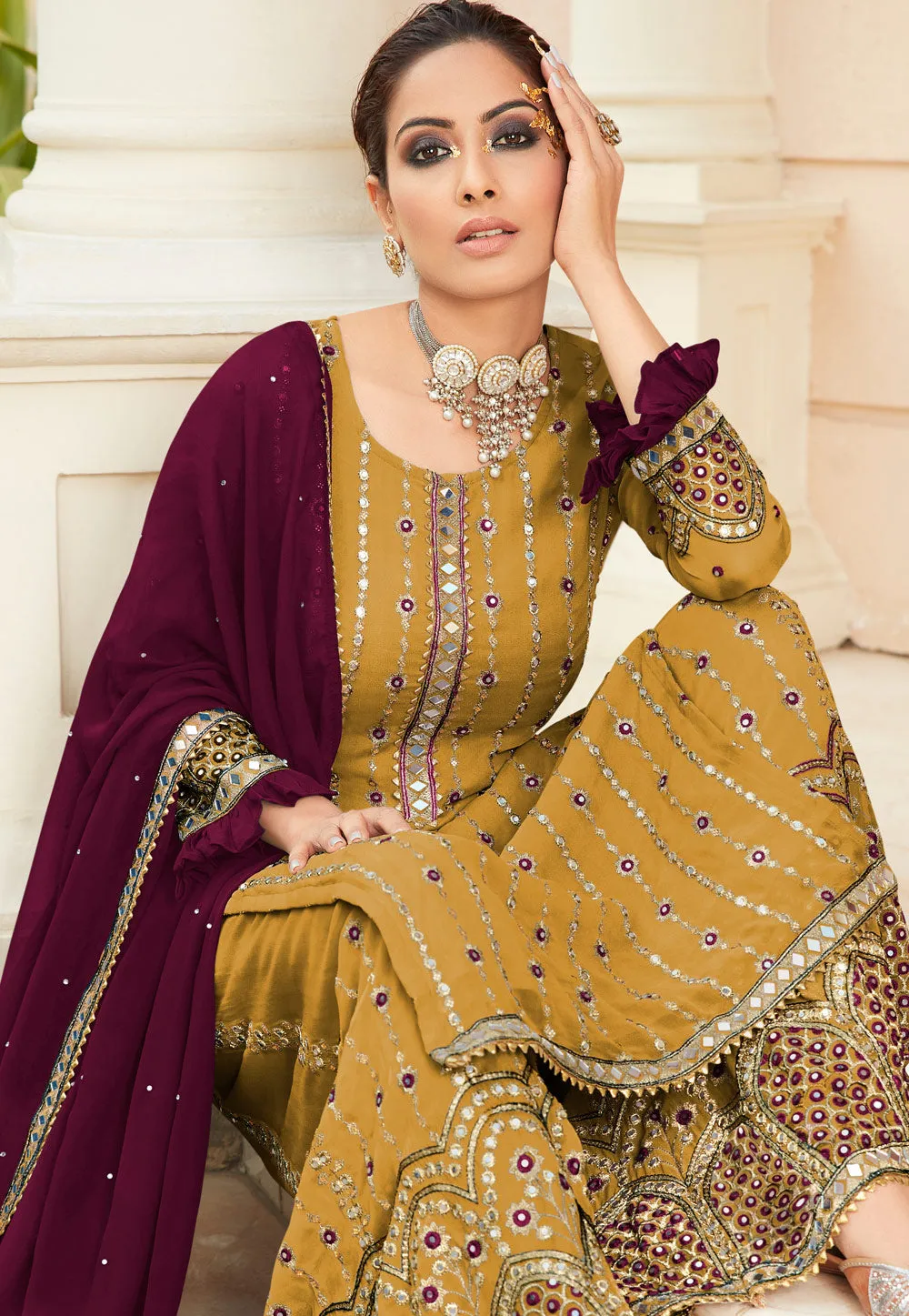 Yellow Mirrorwork Embroidered Gharara Suit